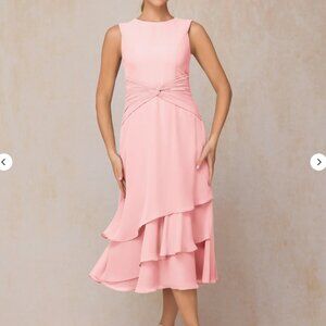 Stacee Formal  A-line Bateau Tea-Length Chiffon Dress in Pearl Pink